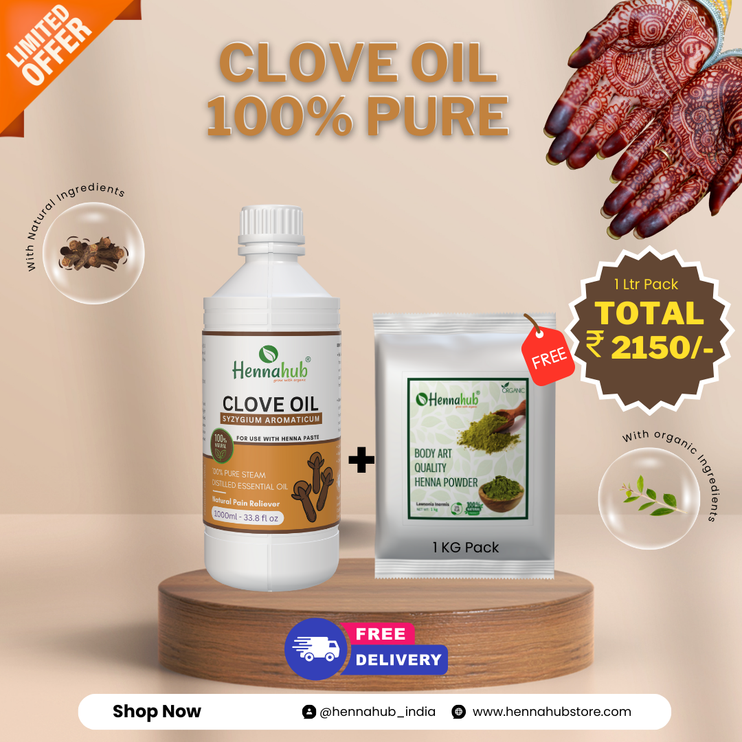 Pure Clove Essential Oil 1000ml Pack | Free 1 Kg BAQ Henna Powder | Purity 95%