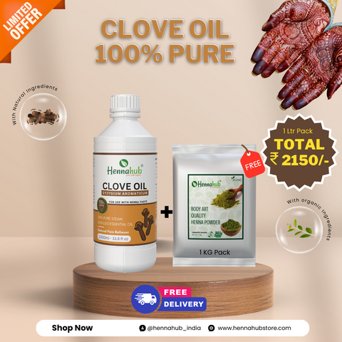 Pure Clove Essential Oil 1000ml Pack | Free 1 Kg BAQ Henna Powder | Purity 95%