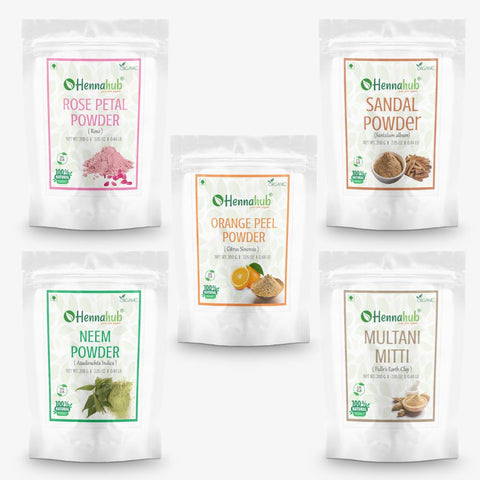 Hennahub Rose Petal, Sandalwood, Neem, Multani Mitti and Orange Peel Powder 200g each (Pack of 5)