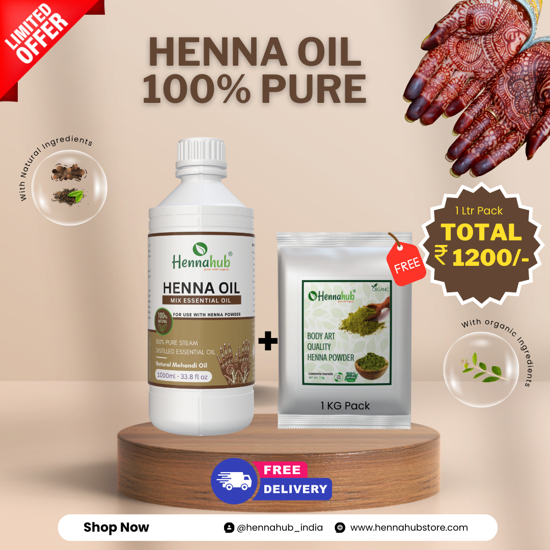 Pure Henna Oil 1000ml Pack | Free 1 Kg BAQ Henna Powder | Purity 95%