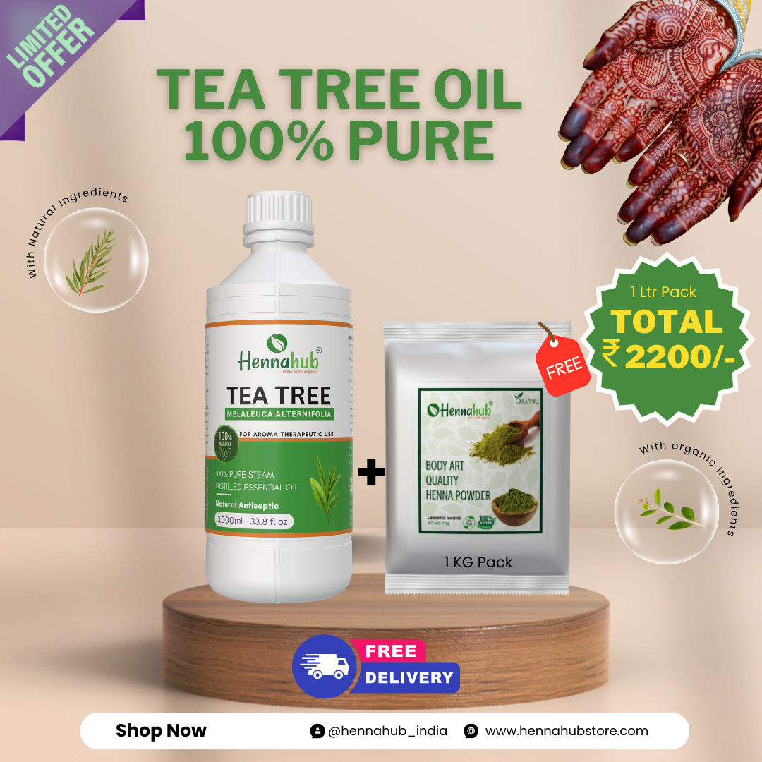 Pure Tea Tree Essential Oil 1000ml Pack | Free 1 Kg BAQ Henna Powder | Purity 95% | For Henna Artist