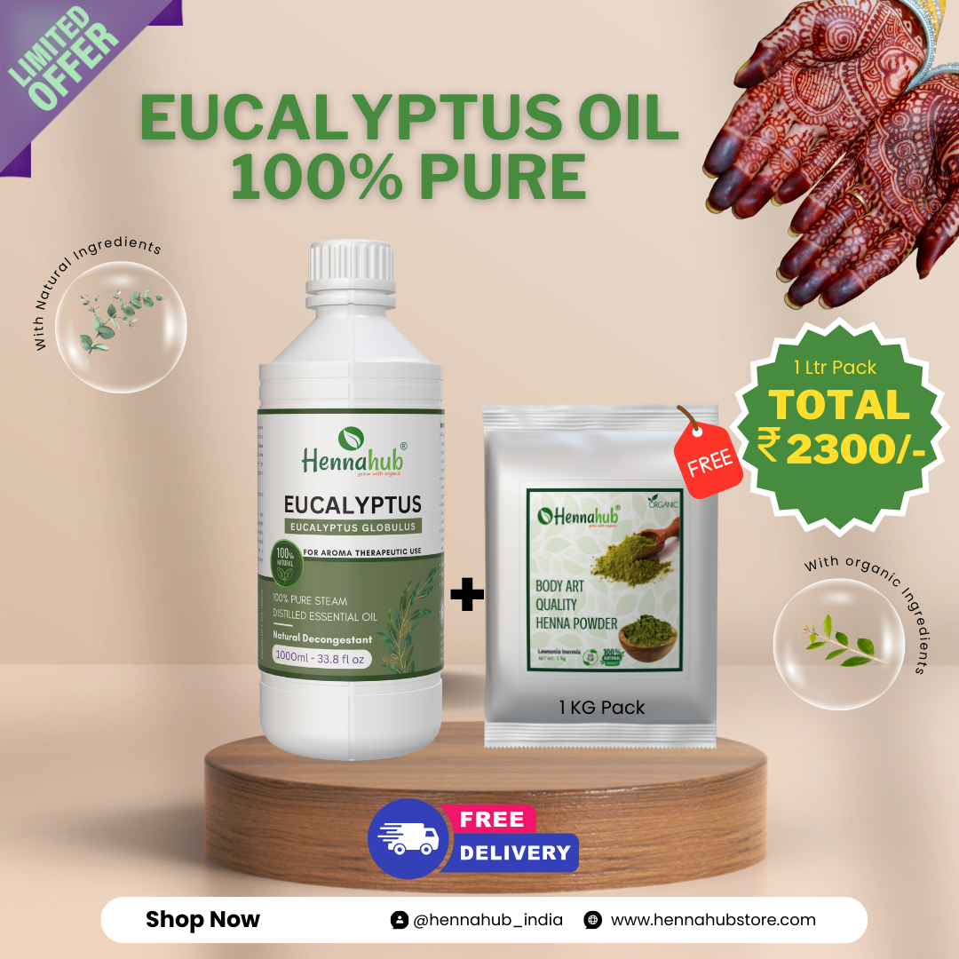 Pure Eucalyptus  Essential Oil 1000ml Pack | Free 1 Kg BAQ Henna Powder | Purity 95% | For Henna Artist