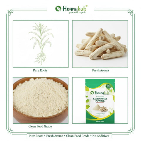 Hennahub Safed Musli Powder (Food Grade) 100gm Pack | 100% Pure Chlorophytum borivilianum Root Powder | Natural Plant-Based Ingredient for Smoothies, Milk & Herbal Drinks