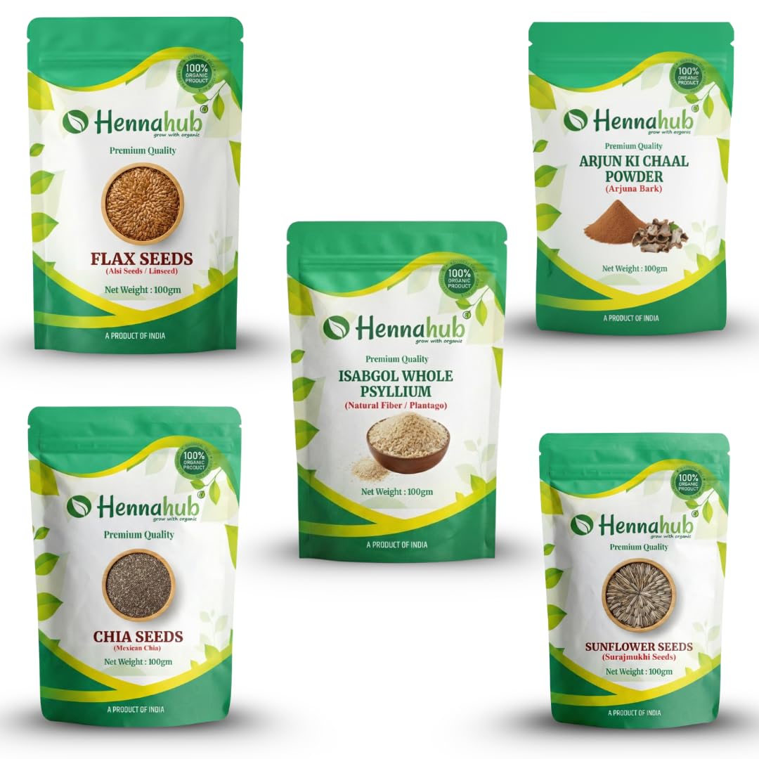 Hennahub Cardio Wellness Seeds & Herb Combo | Arjun ki Chaal Powder, Flax, Chia, Sunflower Seeds & Isabgol Husk | Pack of 5 | Each 100gm | Heart Health, Cholesterol Balance, Fibre & Omega Support