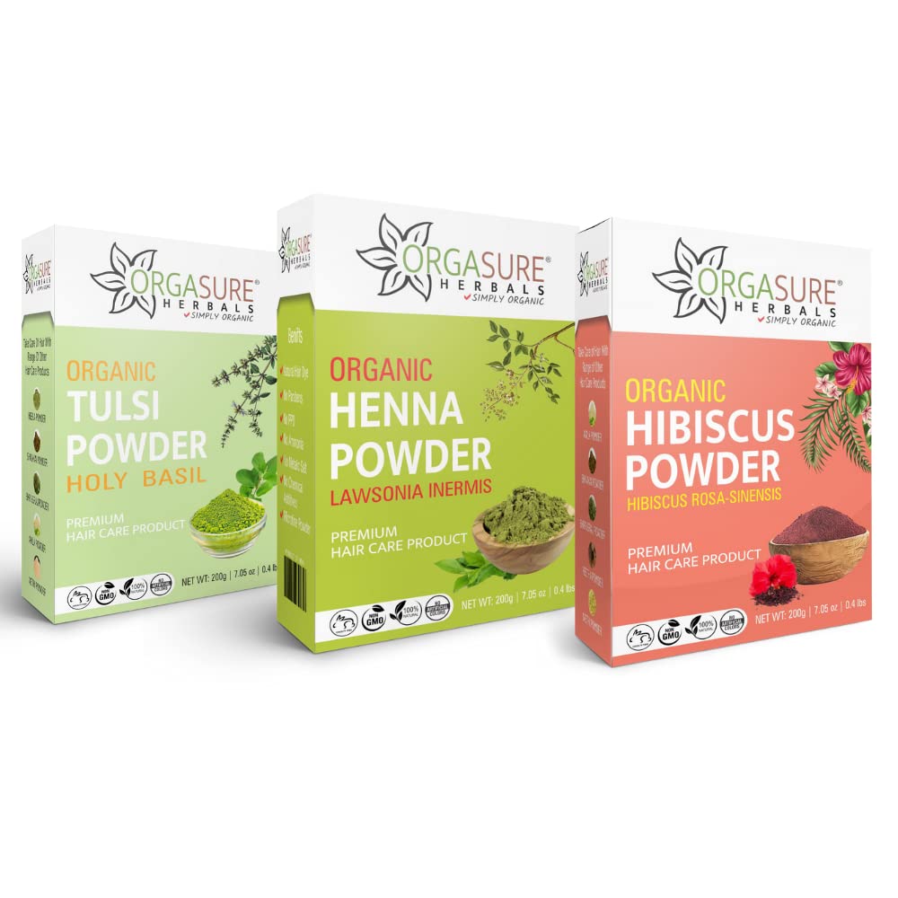 ORGASURE Tulsi, Henna and Hibiscus powder 200g x 3 pack | Natural Hair care pack | Total 600 gm