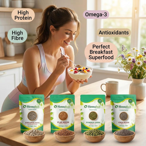 Hennahub Super Seeds Breakfast Mix | Pumpkin Seeds, Sunflower Seeds, Flax Seeds & Chia Seeds | 4 in 1 Combo | Pack of 4 x 100g Each | High Fibre & Protein