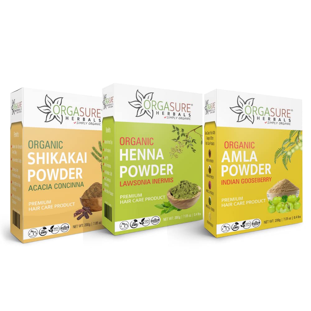 ORGASURE Shikakai, Henna and Amla powder 200g x 3 pack | Organic Hair care Combo Pack | Total 600 gm