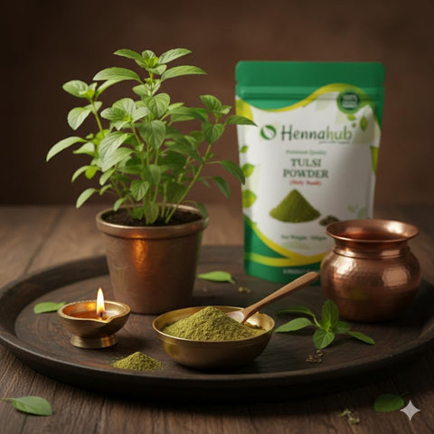 Hennahub Tulsi Powder 100gm (Food Grade) | Holy Basil / Tulasi / Sacred Basil Leaf Powder | Pure Ocimum sanctum | For Herbal Tea, Kadha & Green Drinks