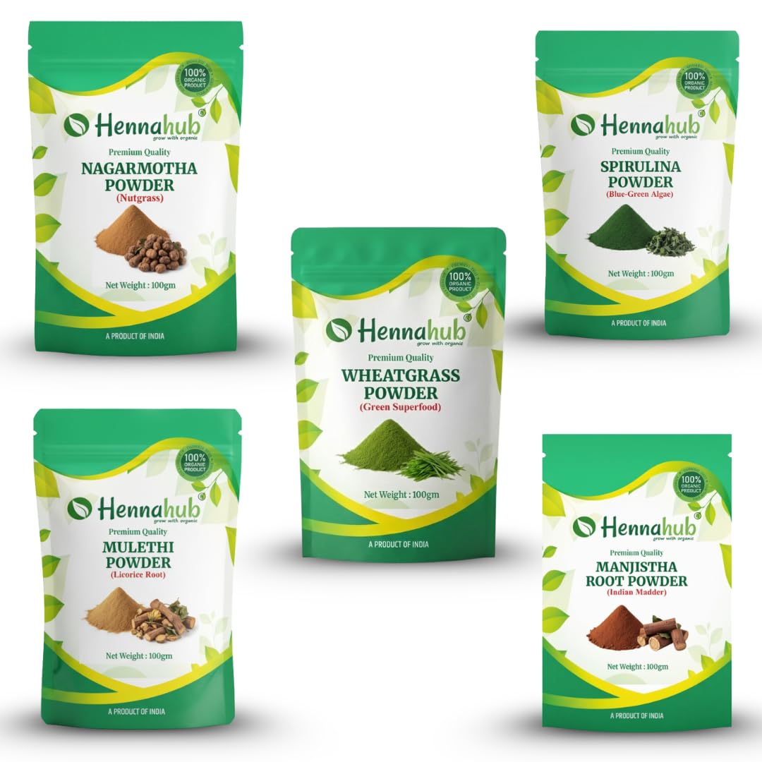 Hennahub Advanced Skin & Blood Detox Combo | Manjistha, Mulethi, Nagarmotha, Wheatgrass & Spirulina Powder | Pack of 5 × 100g | Skin Glow, Detox Cleanse, Immunity & Daily Nutrition | Ayurvedic Purifying Blend