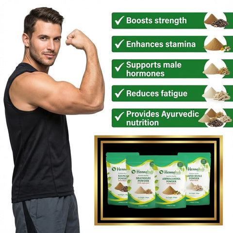 Hennahub Men’s Performance & Vitality Combo | Ashwagandha, Safed Musli, Shatavari & Kaunch Beej Powder | Pack of 4 x 100g | Strength, Stamina, Energy & Wellness Support | 100% Ayurvedic