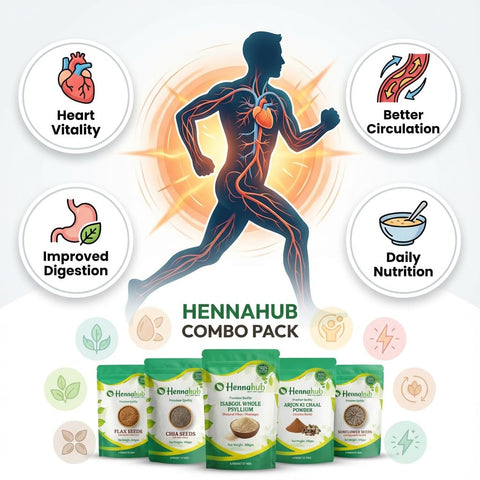 Hennahub Cardio Wellness Seeds & Herb Combo | Arjun ki Chaal Powder, Flax, Chia, Sunflower Seeds & Isabgol Husk | Pack of 5 | Each 100gm | Heart Health, Cholesterol Balance, Fibre & Omega Support