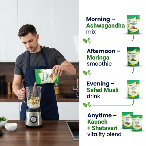 Hennahub Advanced Men’s Performance Combo | Ashwagandha, Safed Musli, Shatavari, Kaunch Beej & Moringa Powder | Pack of 5 x 100g | Strength, Energy, Vitality & Daily Nutrition | Ayurvedic Wellness Boost