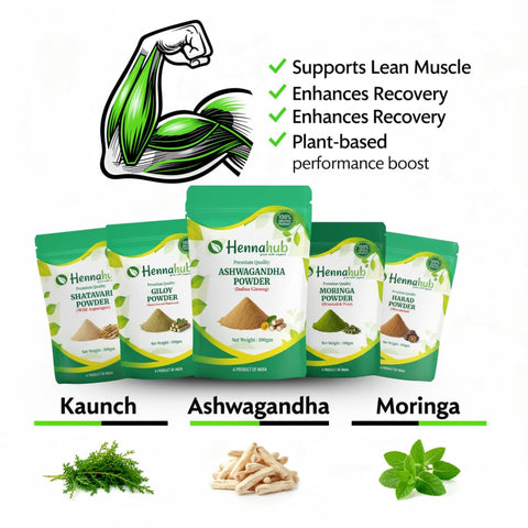 Hennahub Advanced Men’s Strength & Performance Combo | Ashwagandha, Safed Musli, Shatavari, Kaunch, Moringa, Giloy & Harad Powder | Pack of 7 × 100g | Stamina, Vitality, Muscle Support & Immunity Booster