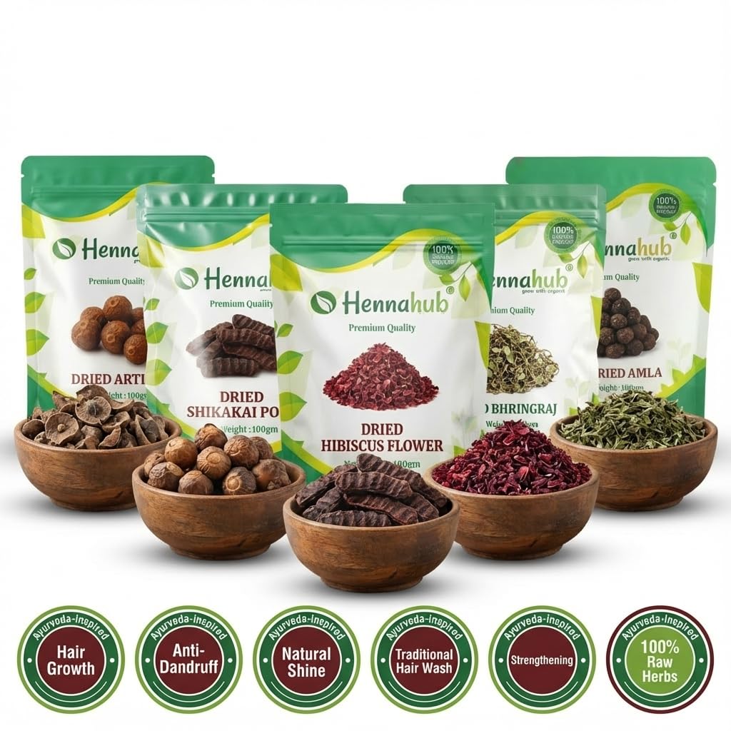 Hennahub Complete Hair Care Raw Herb Combo | Amla, Reetha, Shikakai, Hibiscus & Bhringraj | Pack of 5 × 100g | Traditional Hair Wash, Hair Growth, Anti-Dandruff & Natural Shine | 100% Raw Herbs