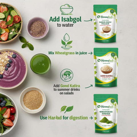 Hennahub Complete Digestive Wellness Combo | Isabgol Husk, Harad  and Wheatgrass Powder, Flax Seeds & Gond Katira | Pack of 5 × 100g | Gut Health, Digestion, Detox, Constipation Relief & Daily Fibre Support