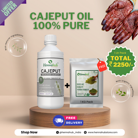 Pure Cajeput Essential Oil 1000ml Pack | Free 1 Kg BAQ Henna Powder | Purity 95%