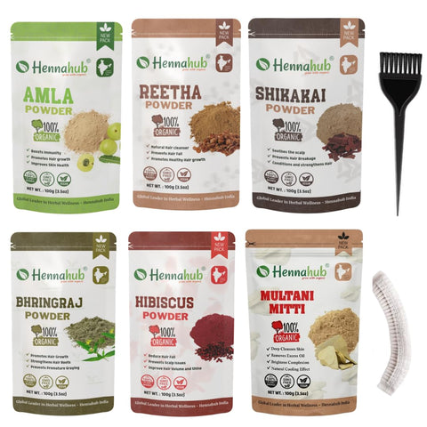 Hennahub Premium Hair Care Powder Combo Pack of 6 (600gm) | Amla, Reetha, Shikakai, Hibiscus, Bhringraj & Multani Mitti | Double Filtered 100gm Each | 100% Natural Herbal Hair Wash & Hair Mask with brush, gloves, shower cap