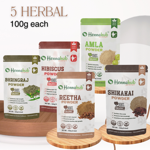 Hennahub Premium Amla, Reetha, Shikakai, Hibiscus, Bhringraj Powder Combo | Double Filter 100gm Each | Ultimate Natural Hair Care Pack of 5